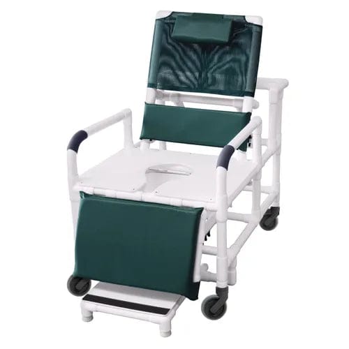 The Direct Supply Direct Choice Replacement Mesh Back offers a blend of comfort and functionality, featuring a green padded seat and backrest. Its cut-out seat design ensures hygienic access, complemented by supportive armrests and footrests. Constructed from durable materials, this chair is equipped with wheels for enhanced mobility and safety.