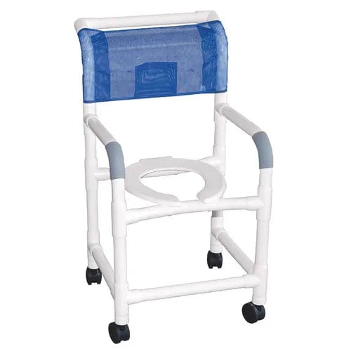 Introducing the Direct Supply Direct Choice™ Replacement Mesh Backrest for a 300 lb. shower chair, featuring a durable white PVC frame and a blue mesh backrest, crafted to enhance safety during bathing. This shower commode chair includes a U-shaped cutout seat to ensure comfortable toileting and comes with four wheels for easy mobility.