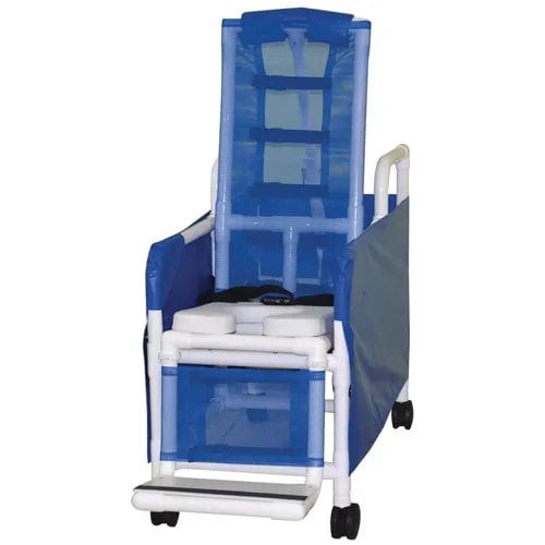 Introducing the Direct Supply reclining shower chair in royal blue and white. This model features a mesh seat and backrest along with convenient armrests, footrests, and caster wheels for easy mobility. Specifically designed for bathroom use, it is made from waterproof materials and includes a warranty for added peace of mind. 

(Note: The product data provided does not fully match the original sentence's details; hence I've incorporated only relevant information.)