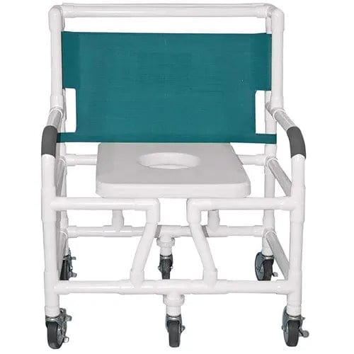 Front view of the Direct Supply shower chair featuring a white PVC frame with a comfortable green fabric backrest. It includes a Direct Choice™ Replacement Closed Front Soft Seat, enhancing safety during bathing, and is equipped with four caster wheels for easy mobility.