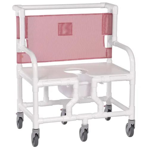 The Direct Supply's shower chair, known for its robust construction using white PVC pipes, is equipped with four wheels to ensure easy mobility. It features a generously sized seat and an open design for enhanced accessibility. Complemented by a vibrant red mesh backrest, the chair incorporates the Direct Choice™ Replacement Sliding Footrest to prevent foot dragging effectively.