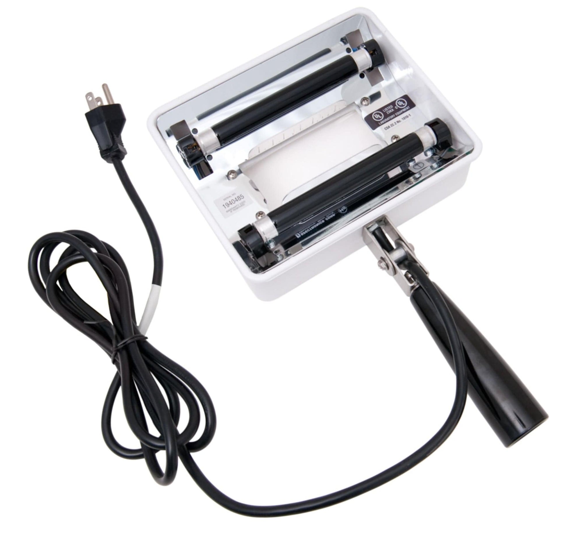 Introducing the Graham Field Q-Series UV Magnifier Hand Held Woods Exam Lamps: A compact unit equipped with a thermal hot foil stamping machine, transparent top, and visible rollers. It features an ergonomic black handle, a long electrical cord with plug, and includes a magnifier lens for accurate detailing.