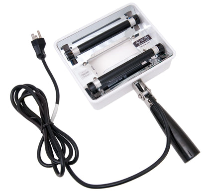 Introducing the Graham Field Q-Series UV Magnifier Hand Held Woods Exam Lamps: A compact unit equipped with a thermal hot foil stamping machine, transparent top, and visible rollers. It features an ergonomic black handle, a long electrical cord with plug, and includes a magnifier lens for accurate detailing.