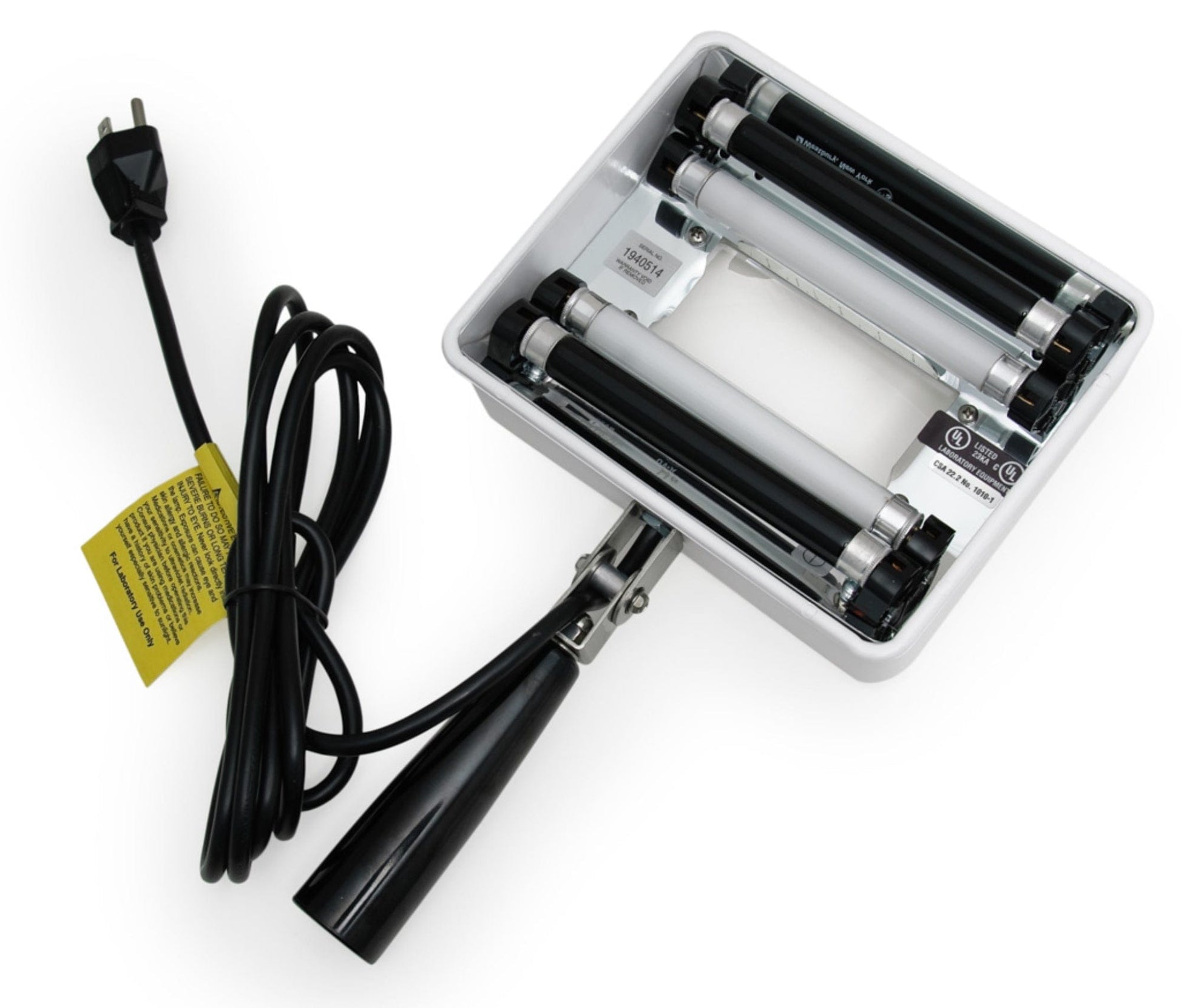 The Graham Field Q-Series UV Magnifier Hand Held Woods Exam Lamps is a portable unit featuring a black handle and power cord. Its rectangular frame houses parallel fluorescent tubes and reflective panels, and it is designed for convenience with an integrated magnifier lens to enhance fluorescence analysis capabilities.
