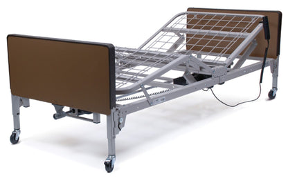 The Patriot Homecare Beds, Semi-Electric by Graham Field are proudly MADE IN THE USA and feature a robust metal frame with a brown headboard. They include a grid sleep surface, adjustable sections for the head and feet, wheels for easy mobility, and a user-friendly control device to ensure maximum comfort.