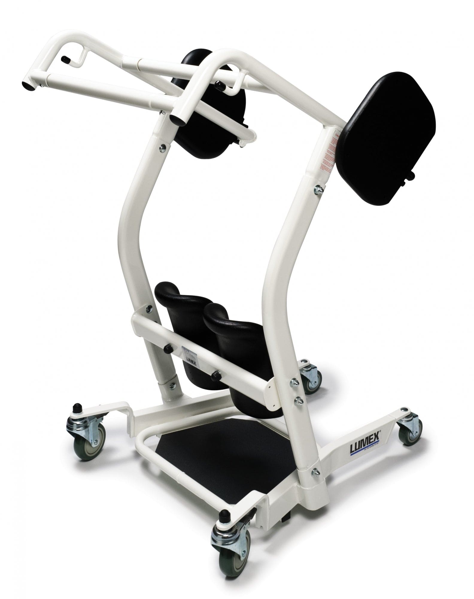 The Graham Field Stand Assist is a white mobility aid with padded knee support, two handlebars, and four caster wheels for easy transport. Its sturdy frame provides reliable support for standing and confident movement.