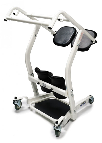 The Graham Field Stand Assist is a white mobility aid with wheels, designed to help individuals with limited mobility stand or move safely. It features a sturdy frame, knee supports, and handles for added stability.