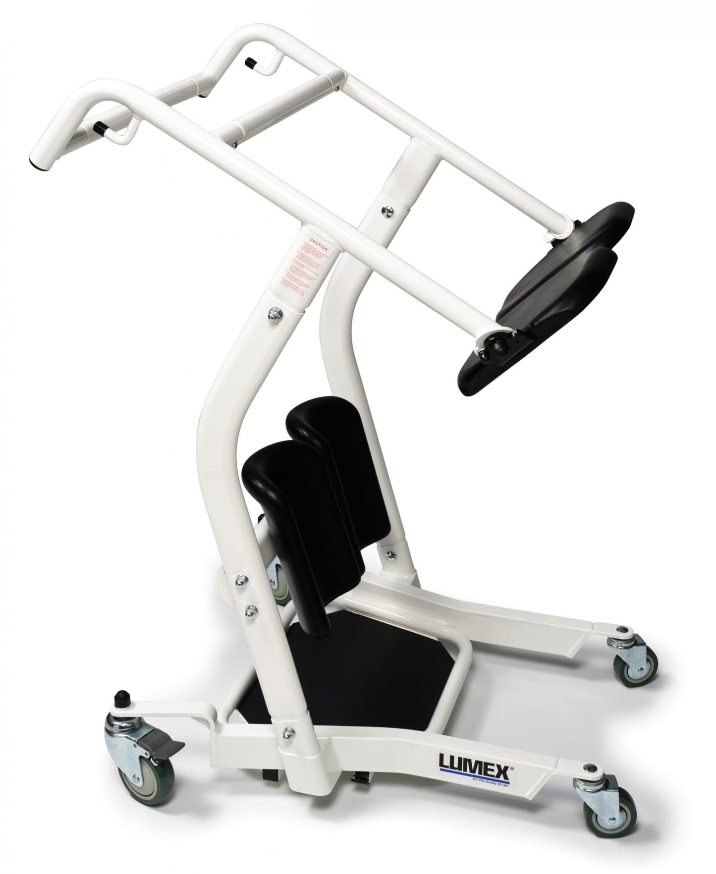 The Graham Field Stand Assist is a white mobility aid with adjustable handlebars, padded knee supports, four wheels, a seat platform, and two front casters for smooth maneuverability.