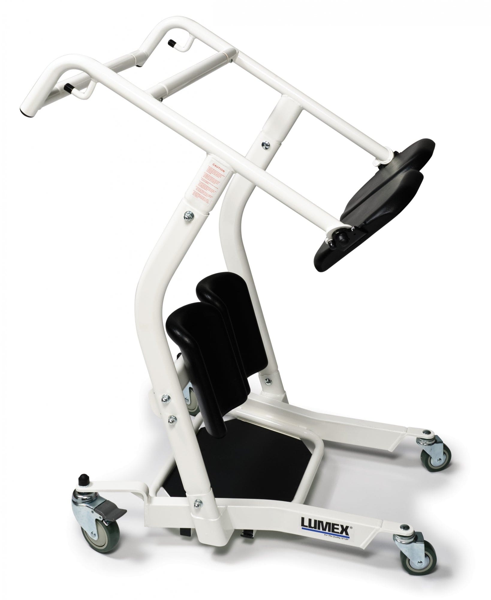 The Graham Field Stand Assist is a white mobility aid with adjustable handlebars, padded knee supports, four wheels, a seat platform, and two front casters for smooth maneuverability.