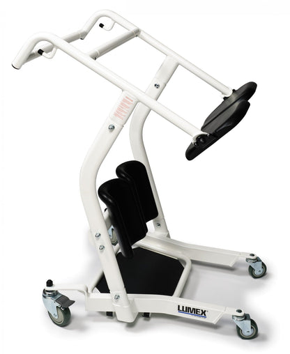 The Graham Field Stand Assist is a white mobility aid with adjustable handlebars, padded knee supports, four wheels, a seat platform, and two front casters for smooth maneuverability.