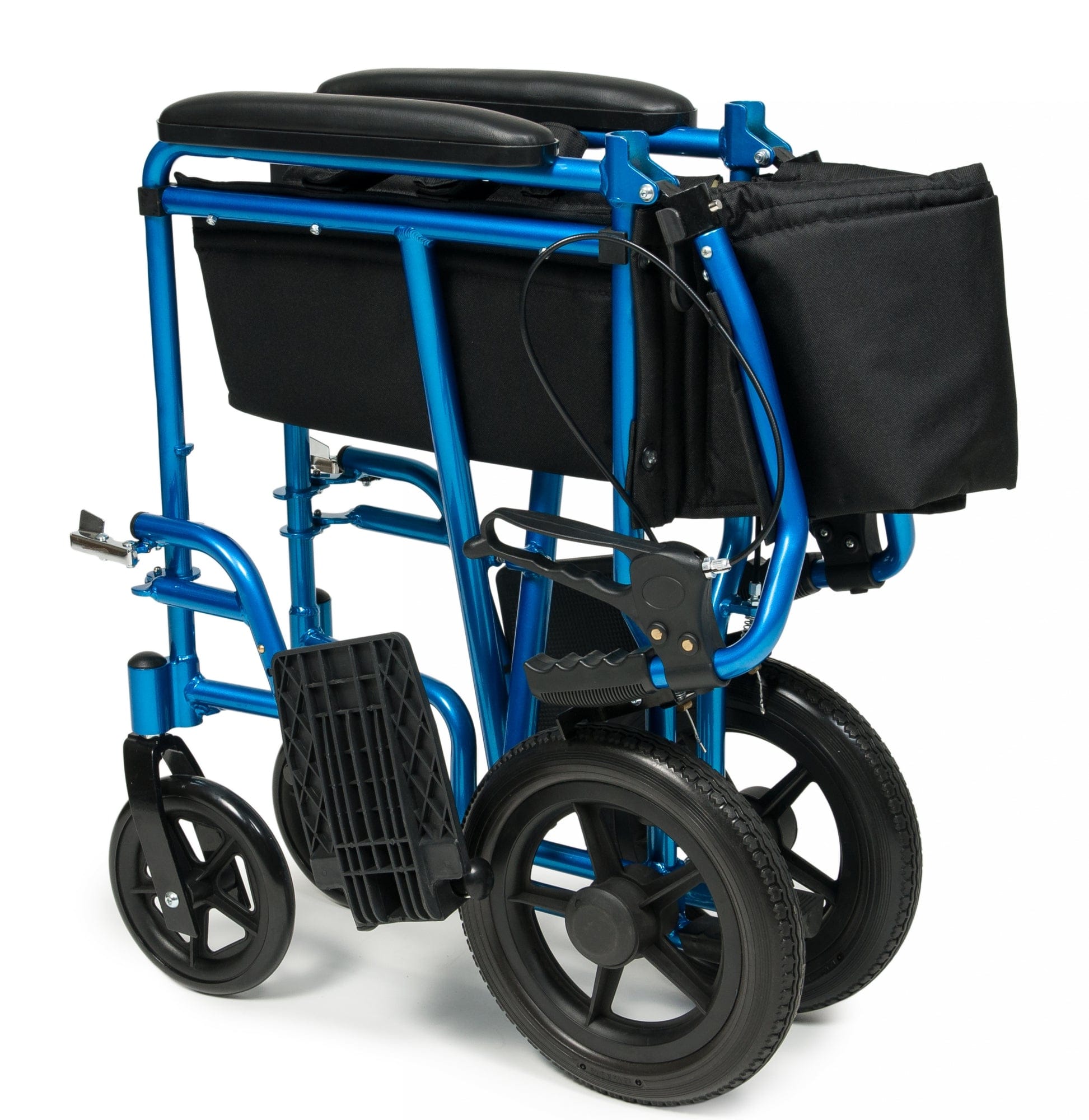Introducing the Graham Field Deluxe Aluminum 12" Rear Wheel Transport Chair in blue, featuring a sturdy aluminum frame and black padded armrests. It comes with a handy black storage bag attached to the back. For enhanced safety, this wheelchair includes attendant wheel locks and is equipped with large rear wheels combined with smaller front ones. Additionally, the footrests can be conveniently folded upwards.