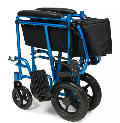 Introducing the Graham Field Deluxe Aluminum 12" Rear Wheel Transport Chair in blue, featuring a sturdy aluminum frame and black padded armrests. It comes with a handy black storage bag attached to the back. For enhanced safety, this wheelchair includes attendant wheel locks and is equipped with large rear wheels combined with smaller front ones. Additionally, the footrests can be conveniently folded upwards.