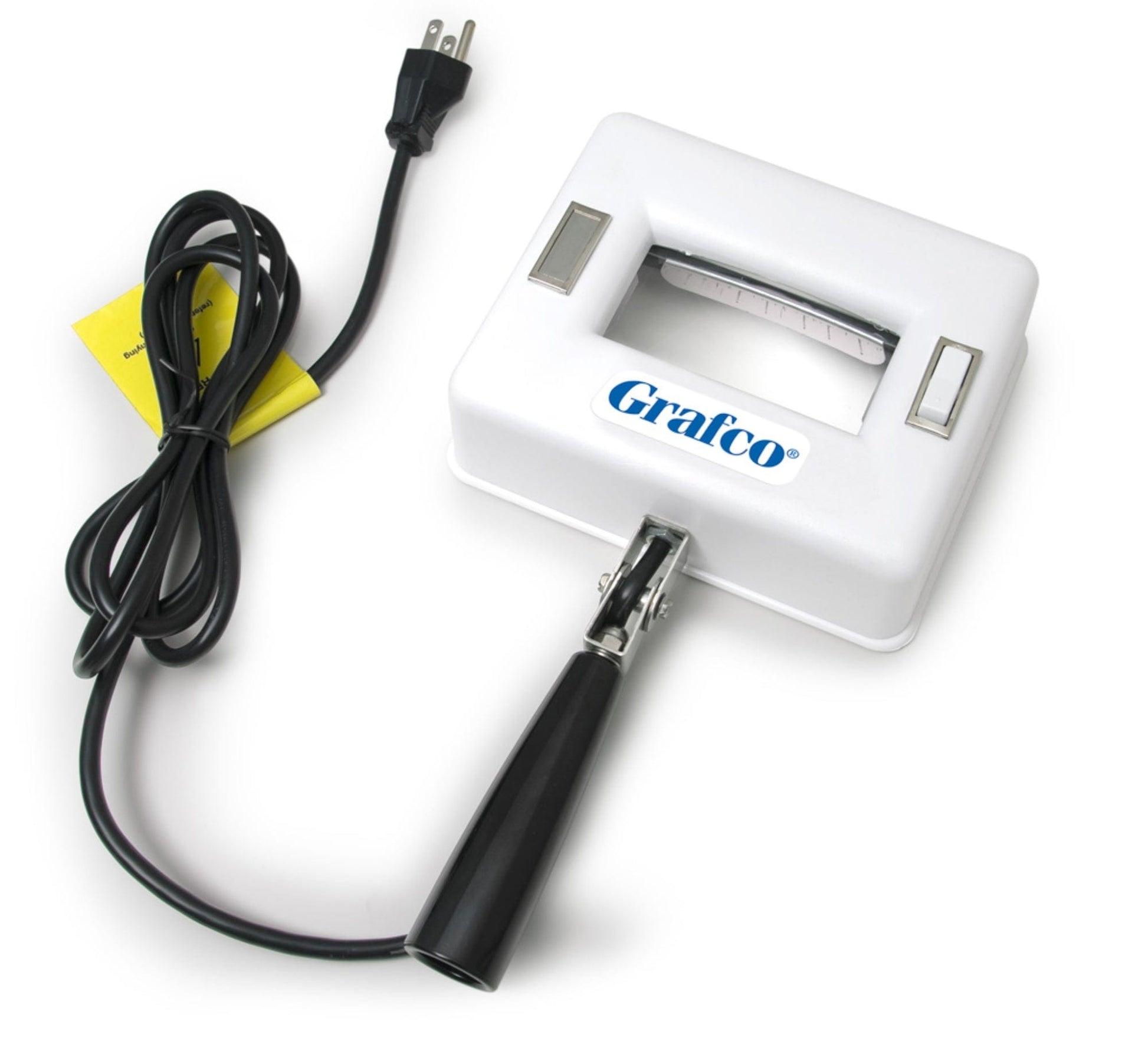 A Graham Field Q-Series UV Magnifier Hand Held Woods Exam Lamp with a rectangular window and a black handle connected to a power cord is showcased on a pristine white background. This portable handheld unit is perfect for fluorescence analysis.