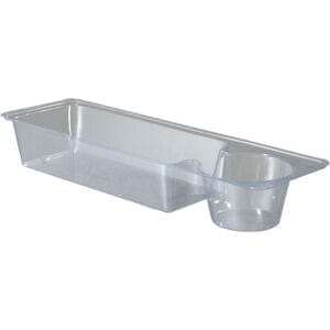 The Drive Medical Folding Walker Basket features a clear plastic tray with a rectangular base and a round compartment, perfect for organizing items. Designed as part of walker accessories, it offers a minimalist style with transparent material to blend seamlessly with mobility aids.