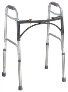Introducing the Deluxe Junior Folding Walker by Drive Medical, constructed from lightweight aluminum and boasting a sleek silver frame with four sturdy legs. Equipped with rubber tips and two padded hand grips, this walker is thoughtfully designed to offer exceptional support and stability. It also features 5-inch wheels for seamless maneuverability during use.