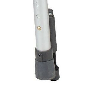 Close-up of the Walker Clever Lite LS by Drive Medical, showcasing a silver metallic frame with adjustable height and dual-lever folding system; the leg ends in a black rubber tip for added stability.
