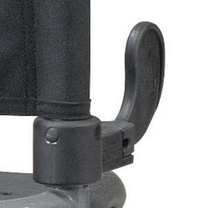 Close-up of the Walker Clever Lite LS by Drive Medical shows a black armrest with a rounded edge akin to rollator walkers. A visible hinge suggests a dual-lever folding system, and the material looks like durable plastic or metal.