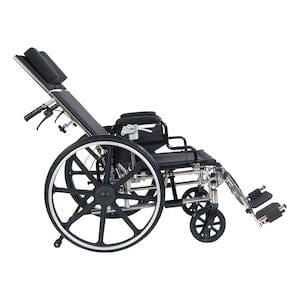 The Drive Medical Viper Plus Full Reclining Steel Wheelchair is a stylishly designed mobility aid, showcased against a white background. It features black and silver finishes, large rear wheels with smaller front wheels for enhanced maneuverability, adjustable leg rests, and a padded backrest for optimal comfort.