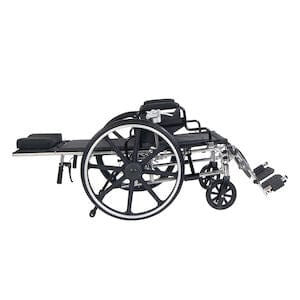 The Viper Plus Full Reclining Steel Wheelchair by Drive Medical is a black wheelchair designed with large rear wheels and smaller front ones. It features an adjustable backrest, leg supports, and armrests for optimal mobility assistance. The side view emphasizes its compact and collapsible design.