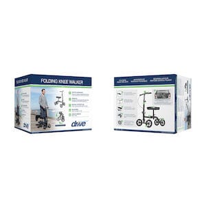Two boxes of the Drive Medical Knee Walker Economy Folding RTL BX are shown: one features a person using it outdoors for mobility during recovery, while the other displays product features, specifications, and an image of the knee walker.
