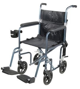 Introducing the Drive Medical transport wheelchair, designed for easy transportation and storage. This lightweight and collapsible chair features a universal black seat with armrests, small rear wheels, footrests, and conveniently includes the Universal Cup Holder on one arm.