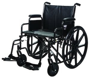 The Direct Supply Heavy Duty Wheelchair (22" x 18" Vinyl) features large rear and smaller front wheels for easy maneuverability, with comfortable armrests, footrests, and a supportive black seat and backrest for ideal mobility assistance.
