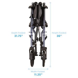 The folded black Nova Medical Transport Chair, crafted with a lightweight aluminum frame, measures 31.75 inches deep, 36 inches high, and 11.25 inches wide. It features an adjustable footrest and stands upright with visible wheels for easy storage and transport.