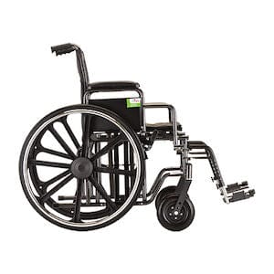 Introducing the Nova Medical Wheelchair Steel 24" K7, a black steel manual wheelchair designed for maximum support with large rear wheels and smaller front wheels. It boasts a weight capacity of 425 lbs. The seat and backrest are crafted from durable black fabric, and the detachable desk arms offer added convenience. Completing the design are metal adjustable footrests, set against a crisp white background.