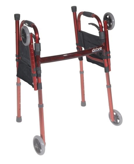Introducing the Drive Medical Travel Walker with Folding Legs, ideal for travel. Equipped with two front wheels, it ensures mobility and stability while the black fabric pouch provides convenient storage on the go.