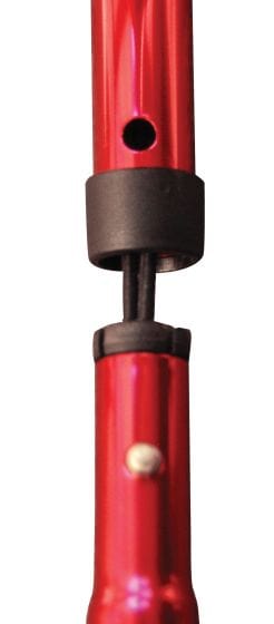 A close-up view showcases a red walking stick resembling the Travel Walker with Folding Legs by Drive Medical. The upper section includes a hole, and the lower part is connected by a black, flexible component. Its smooth and shiny finish reflects the elegance of this travel walker model.